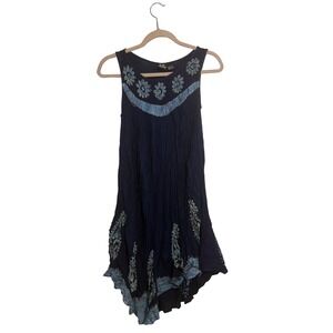 SR Fashion Navy Blue Sleeveless Embroidered Tiered Hem Dress Free Size